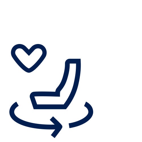 An icon of a seat with a curved arrow encircling it from the bottom and a small heart above it all outlined in blue.